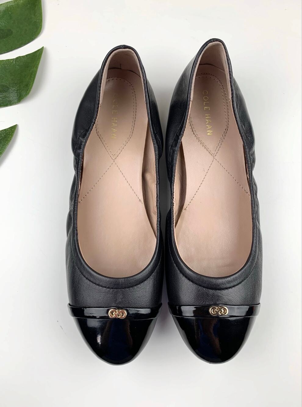 Cole Haan Ballet Flats Black Leather Cap Toe Slip On Comfort Shoes Women's 8